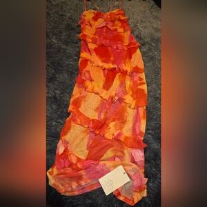 Elegant Backless Ruffle Dress in Red and Orange